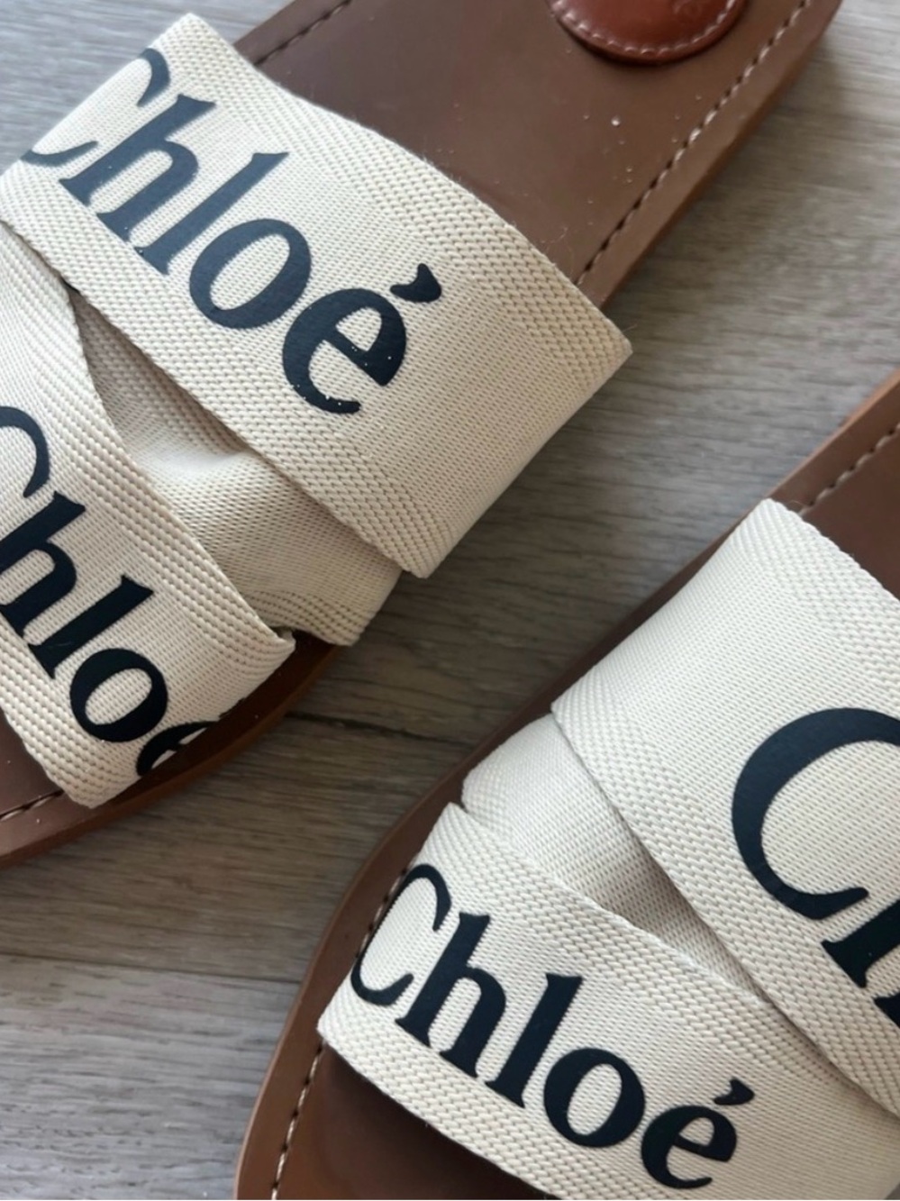 Chloé Beige Canvas Logo Brown Leather Slide Sandals - Picture 7 of 7